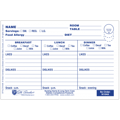 N104A Plastex Dietary Tray Card with Pre attached laminate